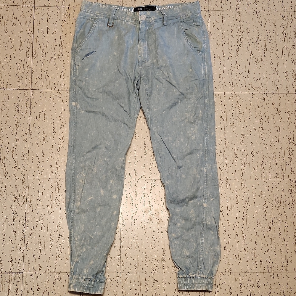 Publish Light Blue Embroidered Acid Washed Lightweight Denim Style Jogger Pants